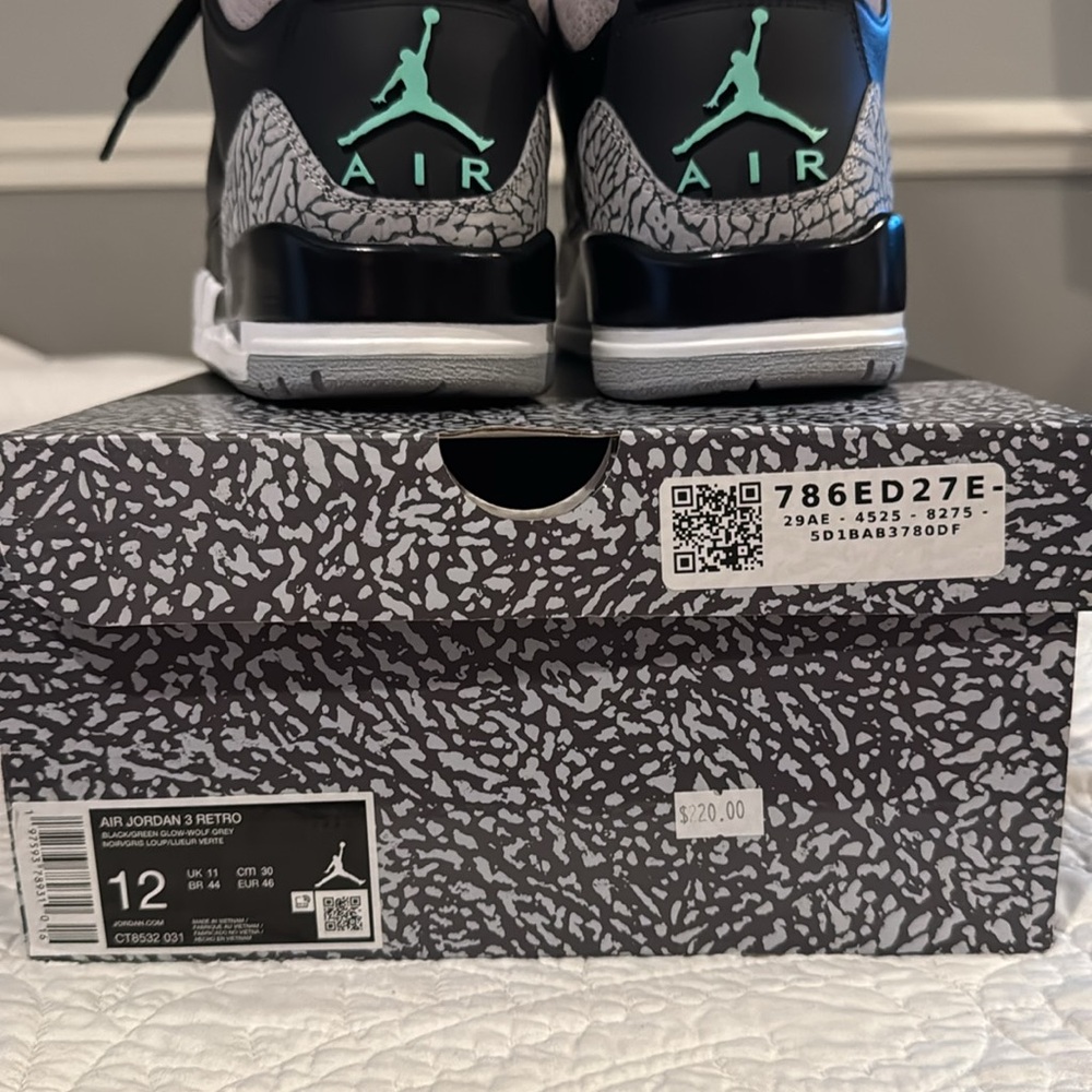 Air Jordan Retro 3. Black Green Glow Wolf Grey. Mens Size 12 - Picture 10 of 10